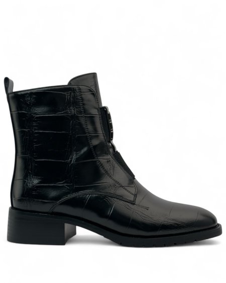 جزمة كاحل جلد أسود نقشة تمساح بسحاب أمامي وشريط مطاطي