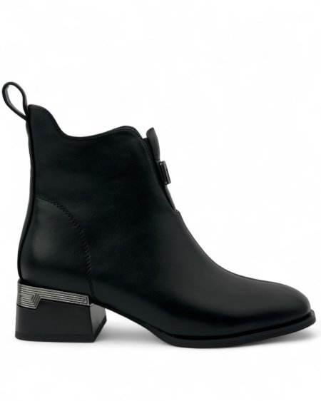 بوت كاحل أسود جلد بسحاب أمامي وكعب عريض